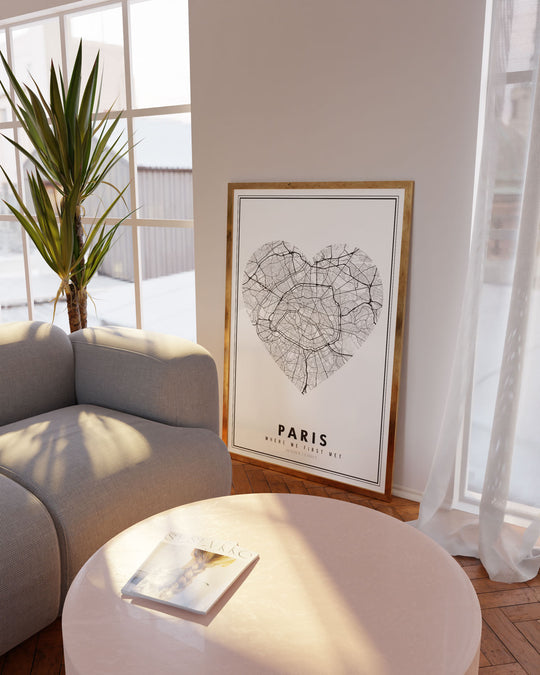 City map poster of Paris in a shape of a heart with a romantic quote